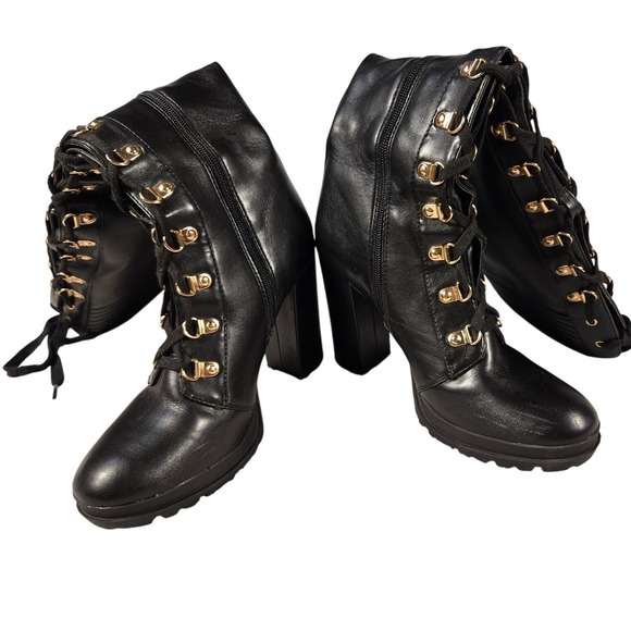 Eliza Shoes - Eliza Womens Black Lace Up Knee High Combat Boots Gold Hardware Block Heel 7.5